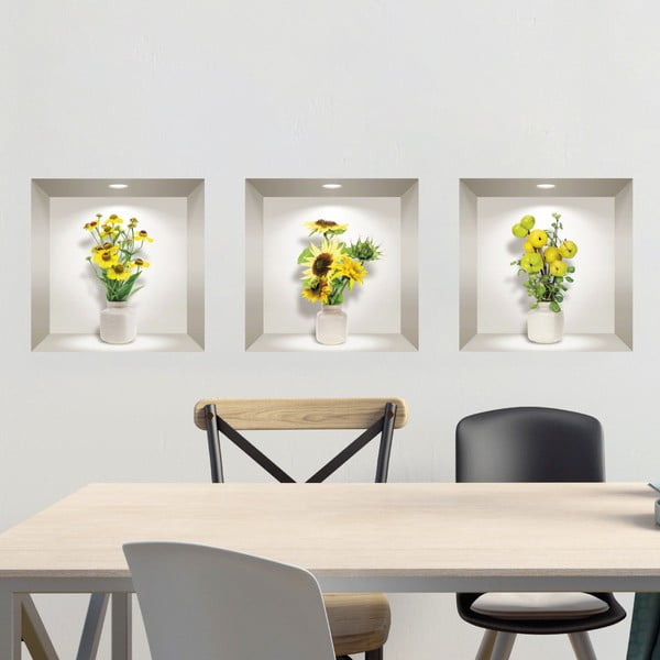 Комплект от 3 3D стикера за стена Жълти цветя - Ambiance