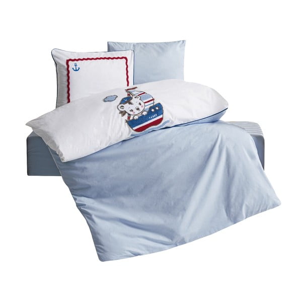 Бяло-синьо памучно детско спално бельо  с включен долен чаршаф, 4 части 100x150 cm Miniyo – Mijolnir