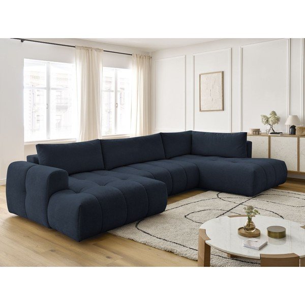 Тъмносин сгъваем/с място за съхранение ъглов диван (десен ъгъл/U форма) Fuji – Bobochic Paris-image-1