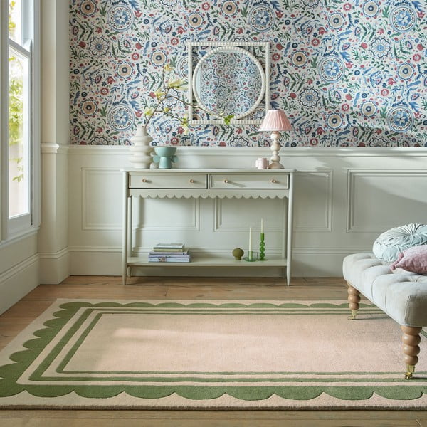 Ръчно изработен вълнен килим в зелен и естествен цвят 120x170 cm Lois Scallop – Flair Rugs-image-1