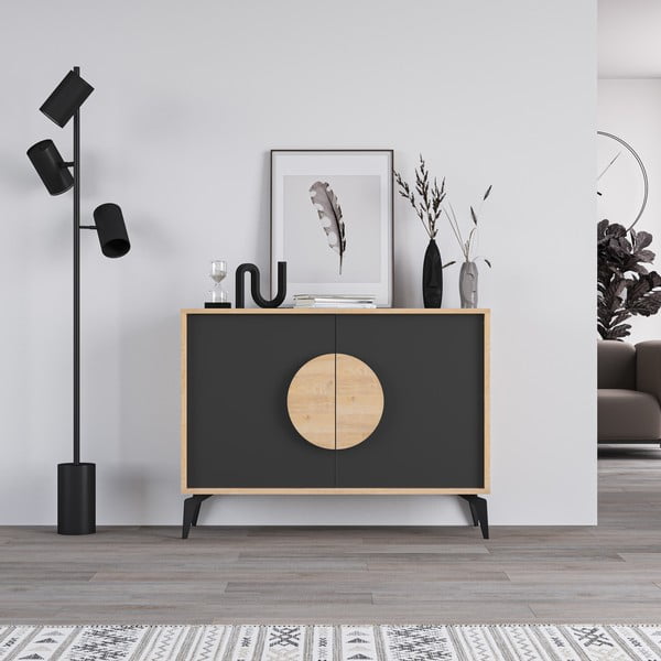 Нисък скрин с дъбов декор в черно-натурален цвят 110x82 cm Vae - Marckeric-image-2