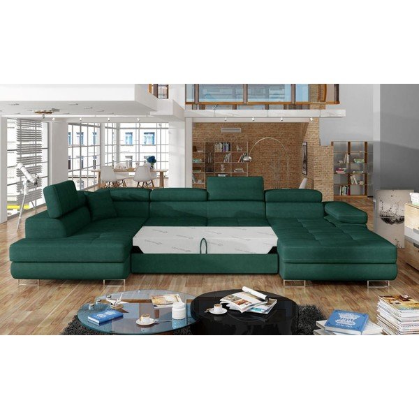 Зелен кадифен разтегателен ъглов диван с място за съхранение (ляв ъгъл U форма) Rodrigo – ELTAP-image-2