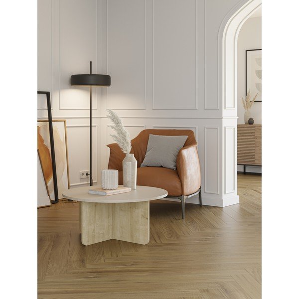 Кремава/естествена кръгла масичка за кафе от декор от дъб  ø 80 cm Hillary – Marckeric-image-1