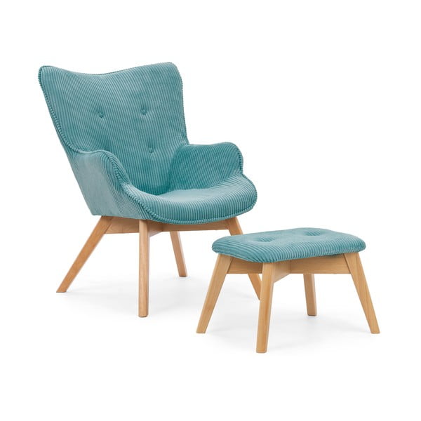Тюркоазен фотьойл с табуретка от рипсено кадифе Niko – Ropez