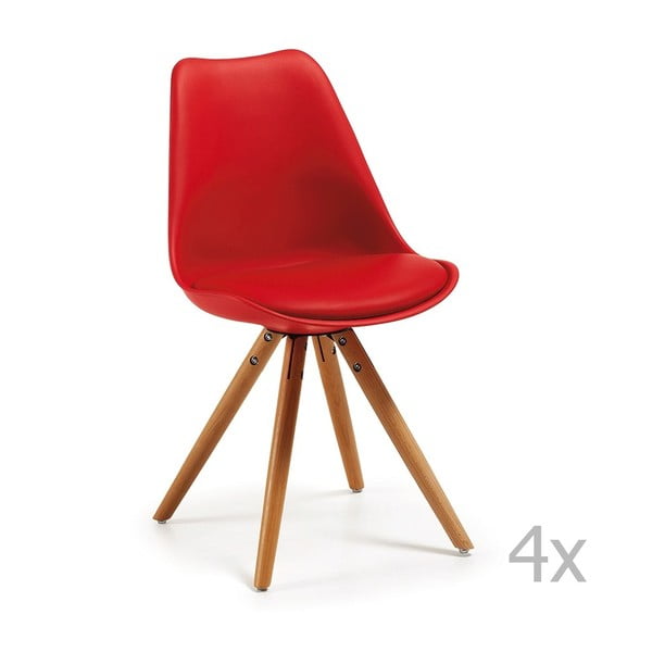 Sada 4 červených jídelních židlí s dřevěným podnožím La Forma Lars