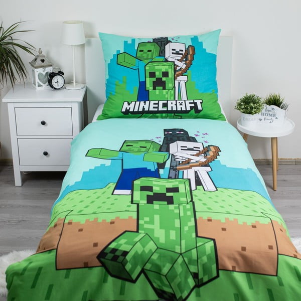 Зелено-синьо  единично  памучно детско спално бельо 140x200 cm Minecraft "Mobs Here" – Jerry Fabrics-image-1
