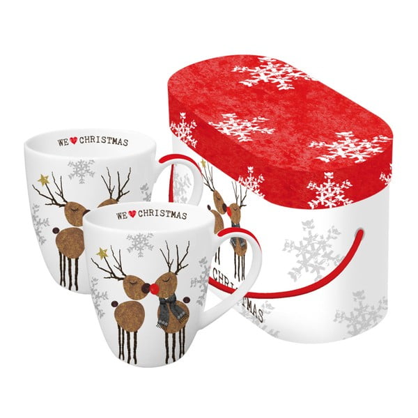 Комплект от 2 чаши от костен порцелан с коледен мотив в подаръчна кутия We Love Christmas, 350 ml - PPD