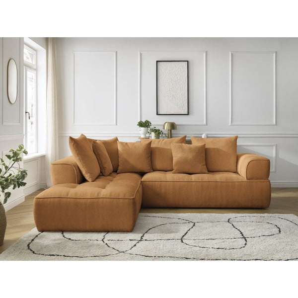 Шенилов ъглов диван в цвят горчица (ляв ъгъл/L форма) Whesley – Bobochic Paris-image-1