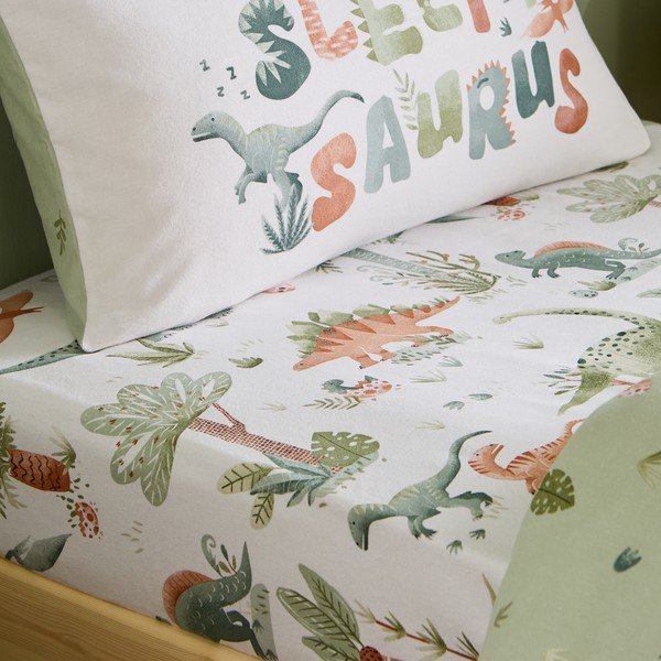 Кремав еластичен единичен фланелен детски чаршаф 90x190 cm Brushed Sleepy Saurus Dino – Catherine Lansfield