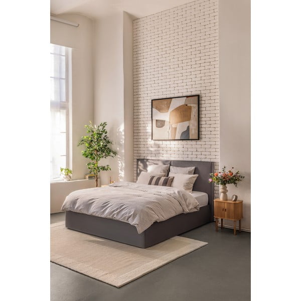 Сиво тапицирано двойно легло с място за съхранение и матрак с решетка 160x200 cm Thessa Bold - Bonami Selection-image-1