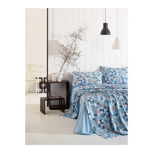 Комплект от син ластичен чаршаф и 2 калъфки за възглавници за единично легло Basso Azuro, 160 x 240 cm - Unknown