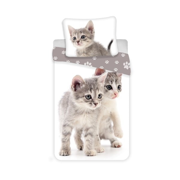 Бяло-сиво единично  памучно детско спално бельо 140x200 cm Kitten "Grey" – Jerry Fabrics