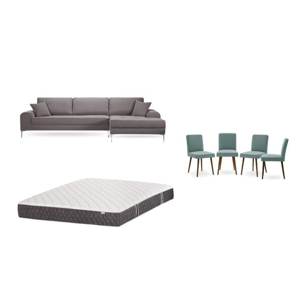 Комплект от кафяв диван с мързелив диван отдясно, 4 сиво-зелени стола и матрак 160 x 200 cm - Home Essentials