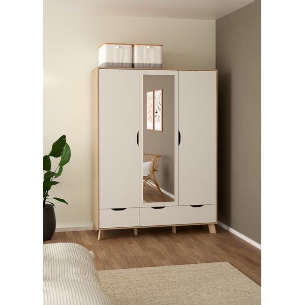 Гардероб от дъбов декор  с огледало в бял и естествен цвят 147x201x58 cm Ikast – Tvilum-image-1