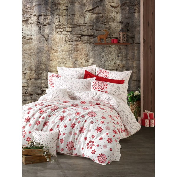 Памучен чаршаф за единично легло Ranforce Cotton Box Red, 160 x 220 cm Snowflake - Mijolnir