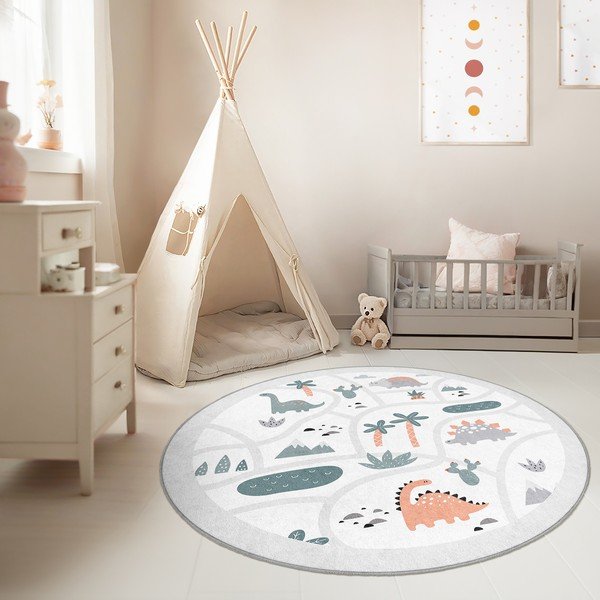 Светлосиво детско килимче за игра подходящо за пране ø80 cm Dino Park – Mila Home-image-3