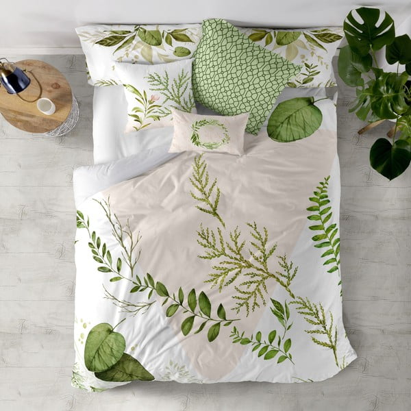 Памучна завивка в бяло и зелено за двойно легло 200x200 cm Herbal - Happy Friday