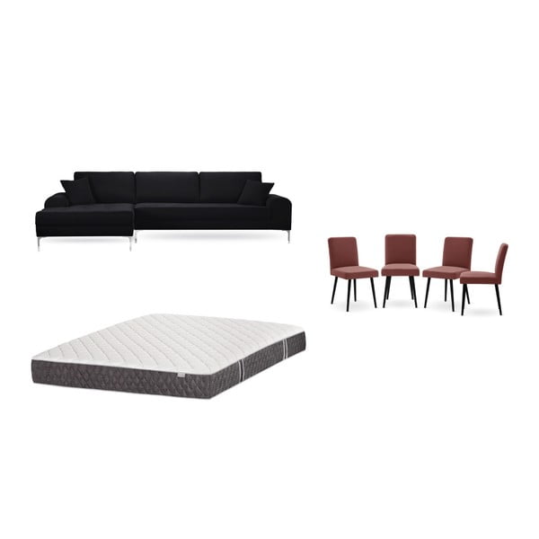 Комплект от черен диван с шезлонг вляво, 4 тухленочервени стола и матрак 160 x 200 cm - Home Essentials