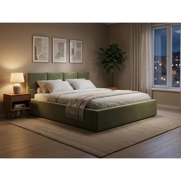 Зелено кадифено двойно легло 140x200 cm тапицирано с място за съхранение и включена подматрачна рамка Hiko – Makamii-image-1