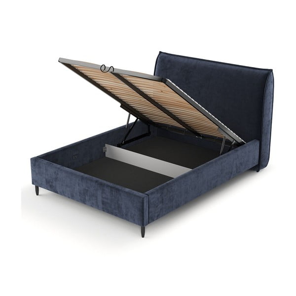 Тъмносиньо тапицирано двойно легло с място за съхранение с включена подматрачна рамка 180x200 cm Shell – Maison de Rêve-image-4