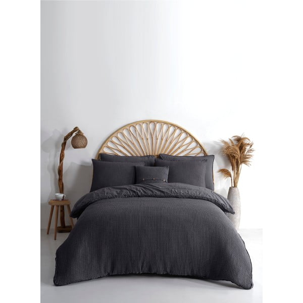 Антрацитно единично  спално бельо от памук Renforcé 140x200 cm Waffle Striped – Mila Home Luxury