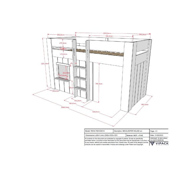 Бяло повдигнато легло от бор 90x200 cm RENO - Vipack-image-3