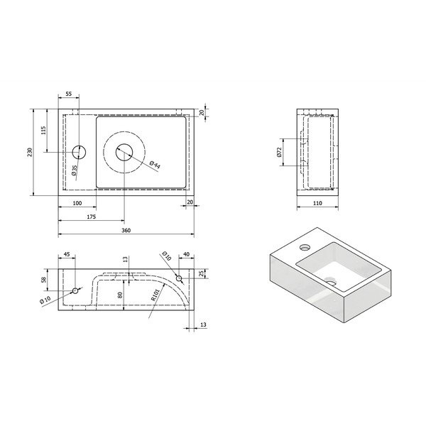Бял малък умивалник от лят мрамор, лява страна Alabama - Sapho-image-3