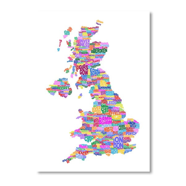 Plakát s pestrobarevnou mapou Velké Británie Americanflat Towns, 60 x 42 cm