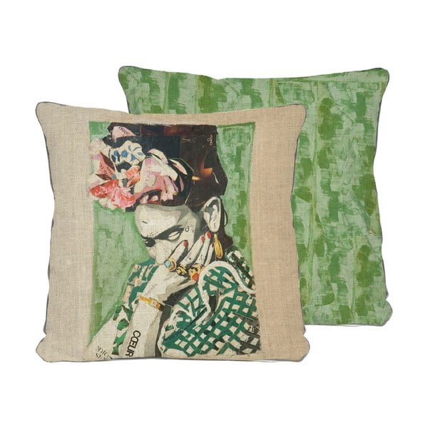 Двустранна калъфка за възглавница с ленен колаж Frida Collage Green, 45 x 45 cm - Madre Selva