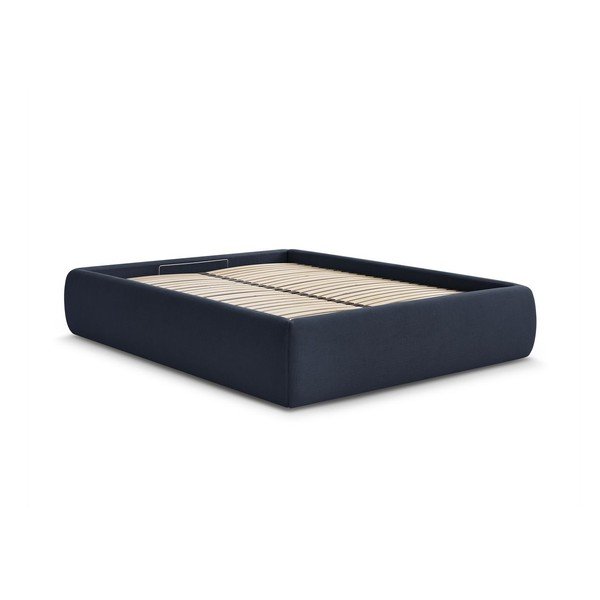 Тъмносиньо тапицирано двойно легло без табла с място за съхранение и включена подматрачна рамка 180x200 cm Inera – Bobochic Paris