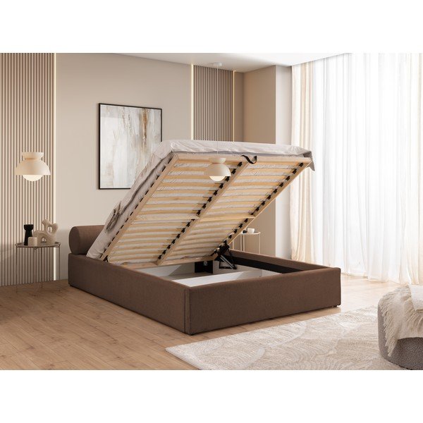 Кафяво двойно легло 200x200 cm тапицирано с място за съхранение с включена подматрачна рамка Cille – Ropez-image-4