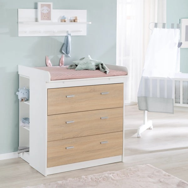 Висок детски скрин от дъб с масичка за преповиване в бял и естествен цвят 89x98 cm Gabriella - Roba-image-4