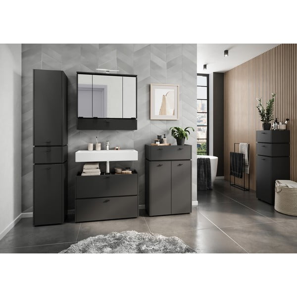 Антрацитен шкаф за баня с огледало и осветление 79x80 cm Modesto - Germania-image-3