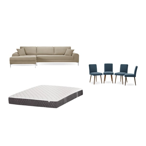 Комплект от сив и бежов диван с ляв фотьойл, 4 сини стола и матрак 160 x 200 cm - Home Essentials