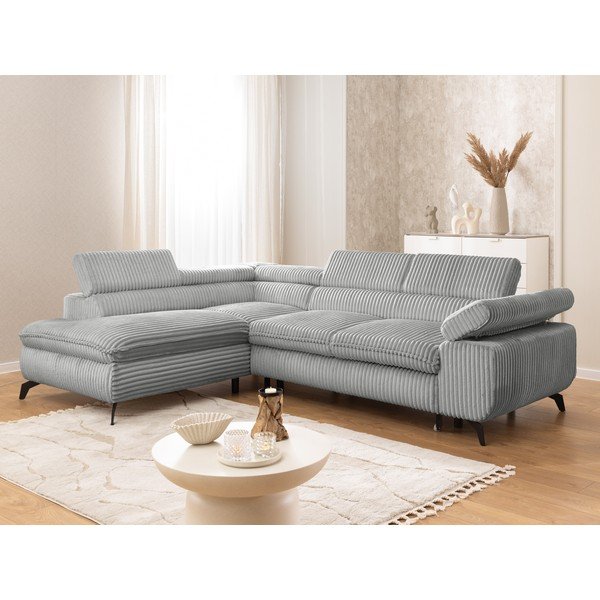 Светлосив ъглов диван от рипсено кадифе (ляв ъгъл/L форма) Marbeya  – Ropez-image-1