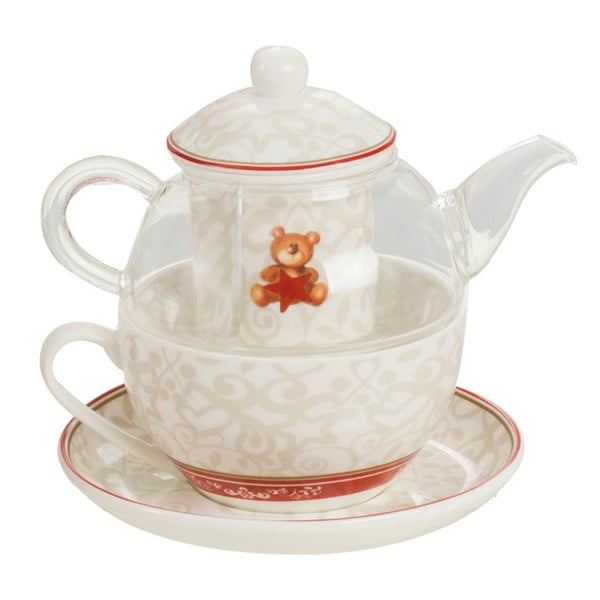 Комплект от чайник, чаша с поднос и цедка за насипен чай, изработени от костен порцелан Abbracci Bear - Brandani