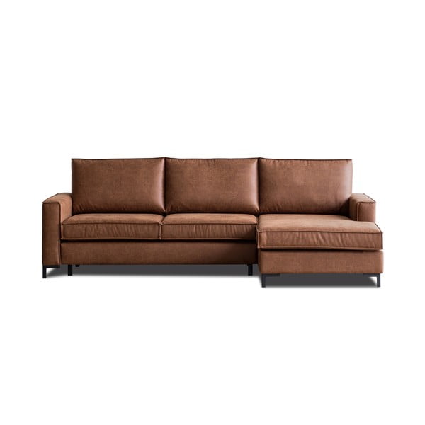 Ъглов разтегателен диван в цвят коняк с имитация на кожа Copenhagen, десен ъгъл Colorado - Scandic