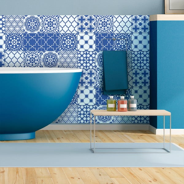 Комплект от 9 стикера за стена Стикери за стена Blue Santorini Tiles, 20 x 20 cm - Ambiance