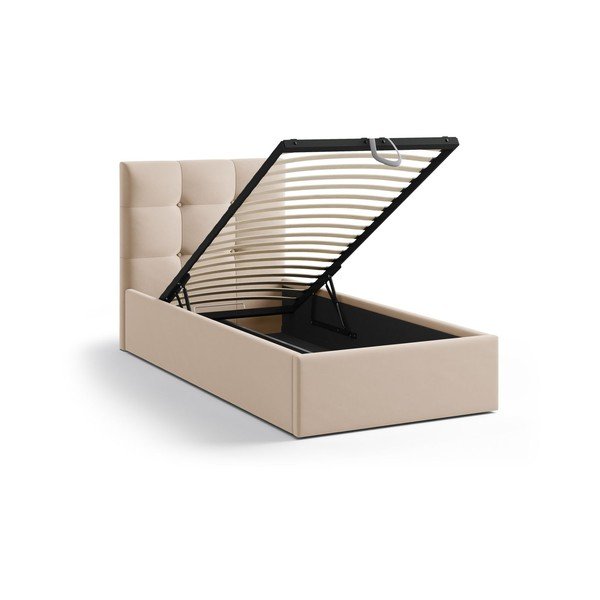 Светлокафяво единично легло 90x200 cm тапицирано с място за съхранение с включена подматрачна рамка Phaedra – Micadoni -image-1