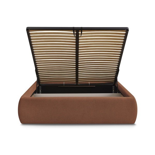 Оранжево тапицирано двойно легло без табла с място за съхранение и включена подматрачна рамка 180x200 cm Inera – Bobochic Paris-image-4