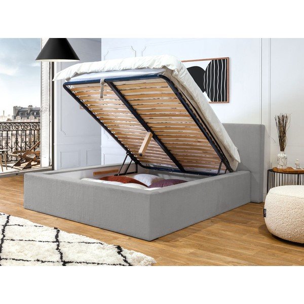 Светлосиво тапицирано двойно легло с място за съхранение с решетка 160x200 cm Nihad - Bobochic Paris-image-3