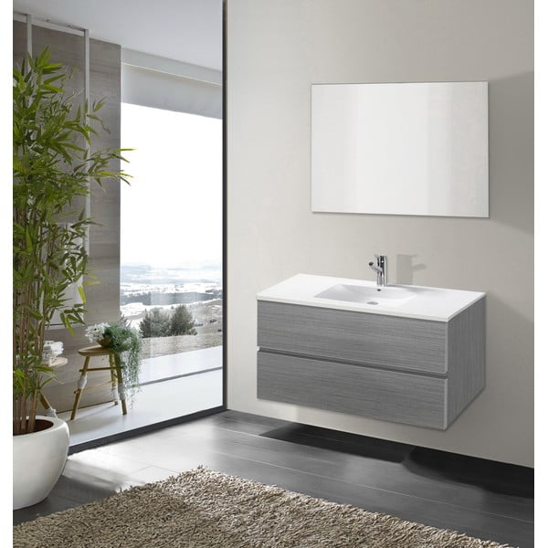 Koupelnová skříňka s umyvadlem a zrcadlem Flopy, odstín šedé, 90 cm