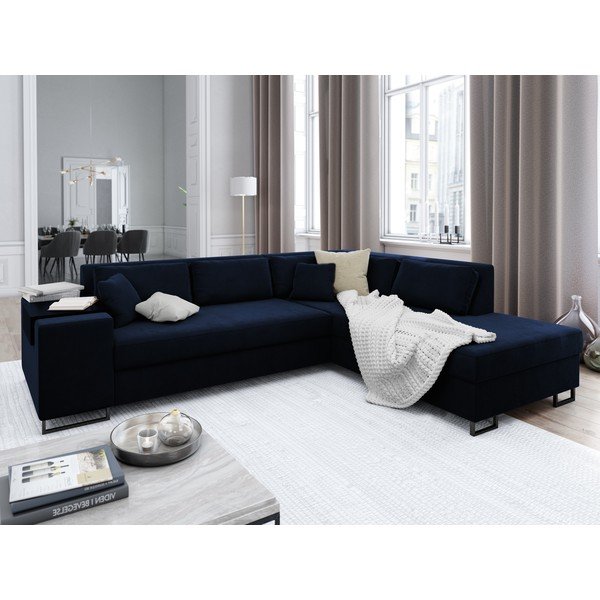 Ъглов разтегателен диван от синьо кадифе , десен ъгъл York - Cosmopolitan Design-image-1