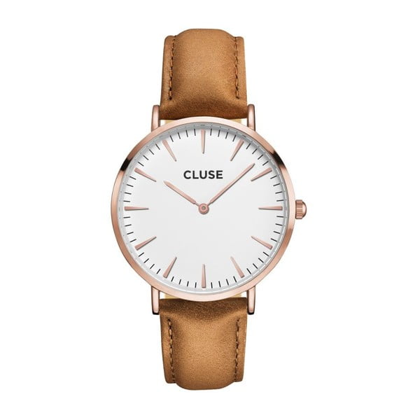 Dámské hodinky s s světle hnědým koženým řemínkem a detaily v barvě růžového zlata Cluse La Bohéme