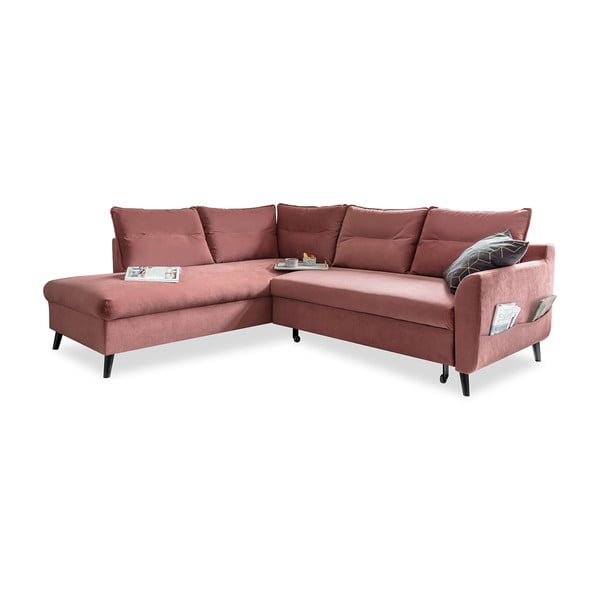 Розов кадифен ъглов разтегателен диван L, ляв ъгъл Stylish Stan - Miuform