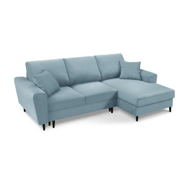 Светлосин разтегателен ъглов диван с място за съхранение от рипсено кадифе (десен ъгъл) Kyoto – Cosmopolitan Design-image-1