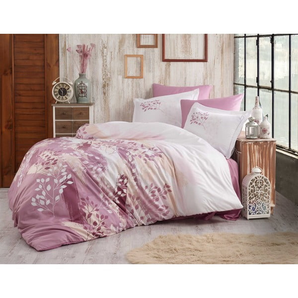 Розово двойно спално бельо с чаршаф от памучен сатен Hobby , 200 x 220 cm Noemi - Mijolnir