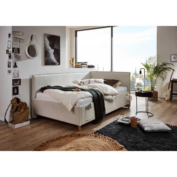 Бежово тапицирано ъглово детско легло 90x200 cm с място за съхранение с включена подматрачна рамка Fun – Meise Möbel-image-1