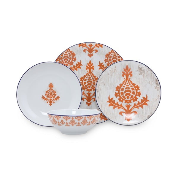 Комплект от 24 части за сервиране от бял и оранжев порцелан Орнаменти - Kütahya Porselen