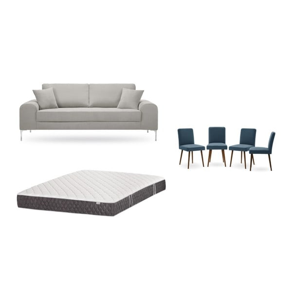 Комплект от триместен светлосив диван, 4 сини стола и матрак 160 x 200 cm - Home Essentials